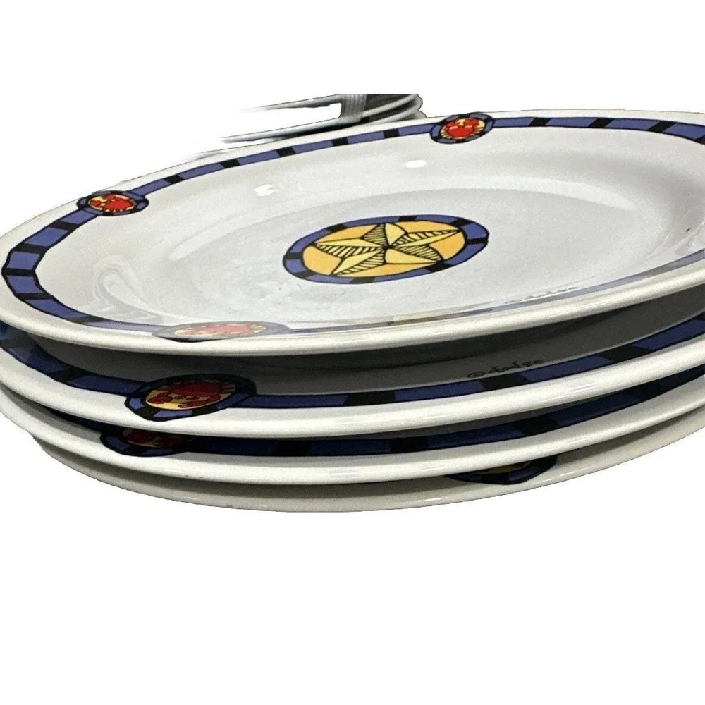 Dodge Studio Nautical Starfish Crab Dinner Plates Set of‎ 4 Coastal Blue White